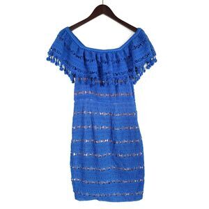 TRACY REESE off the shoulder pom pom bodycon lace dress Aegean blue Size 2 NEW